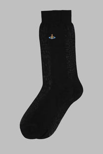 Vivienne Westwood women’s black crew-length sock with subtle texture and gold blue orb logo near the top