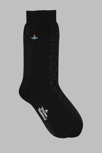 Vivienne Westwood women’s black sock with subtle textured pattern and embroidered orb logo near the top