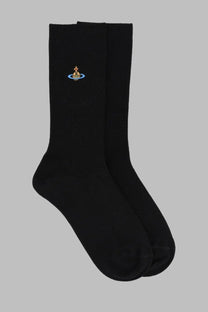 Black ribbed crew socks by vivienne westwood featuring a golden orb logo embroidered on a blue ring at the top