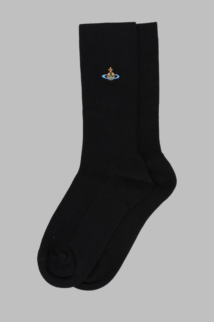 Vivienne Westwood women’s black ribbed crew socks with small embroidered gold and blue orb logo