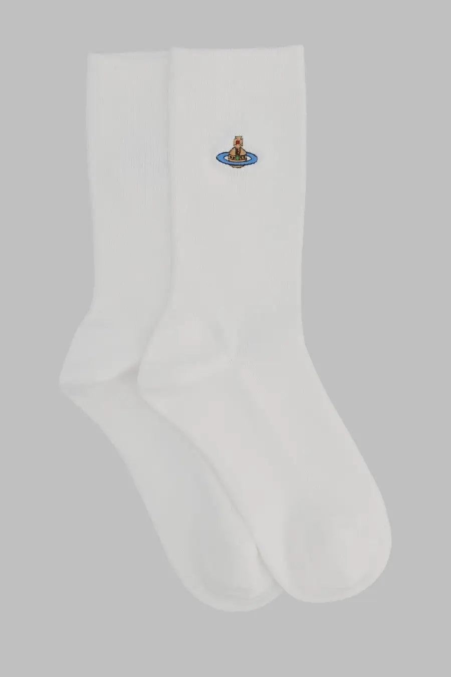 Vivienne Westwood women’s white ribbed cotton crew socks with a small embroidered figure on a blue orb logo