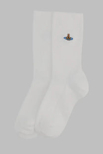 Vivienne Westwood women’s white ribbed cotton crew socks with embroidered bear logo on a blue planet orb