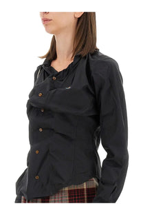 Vivienne Westwood women’s black long-sleeved blouse with gold-toned buttons and ruffled collar in camicia drunken style