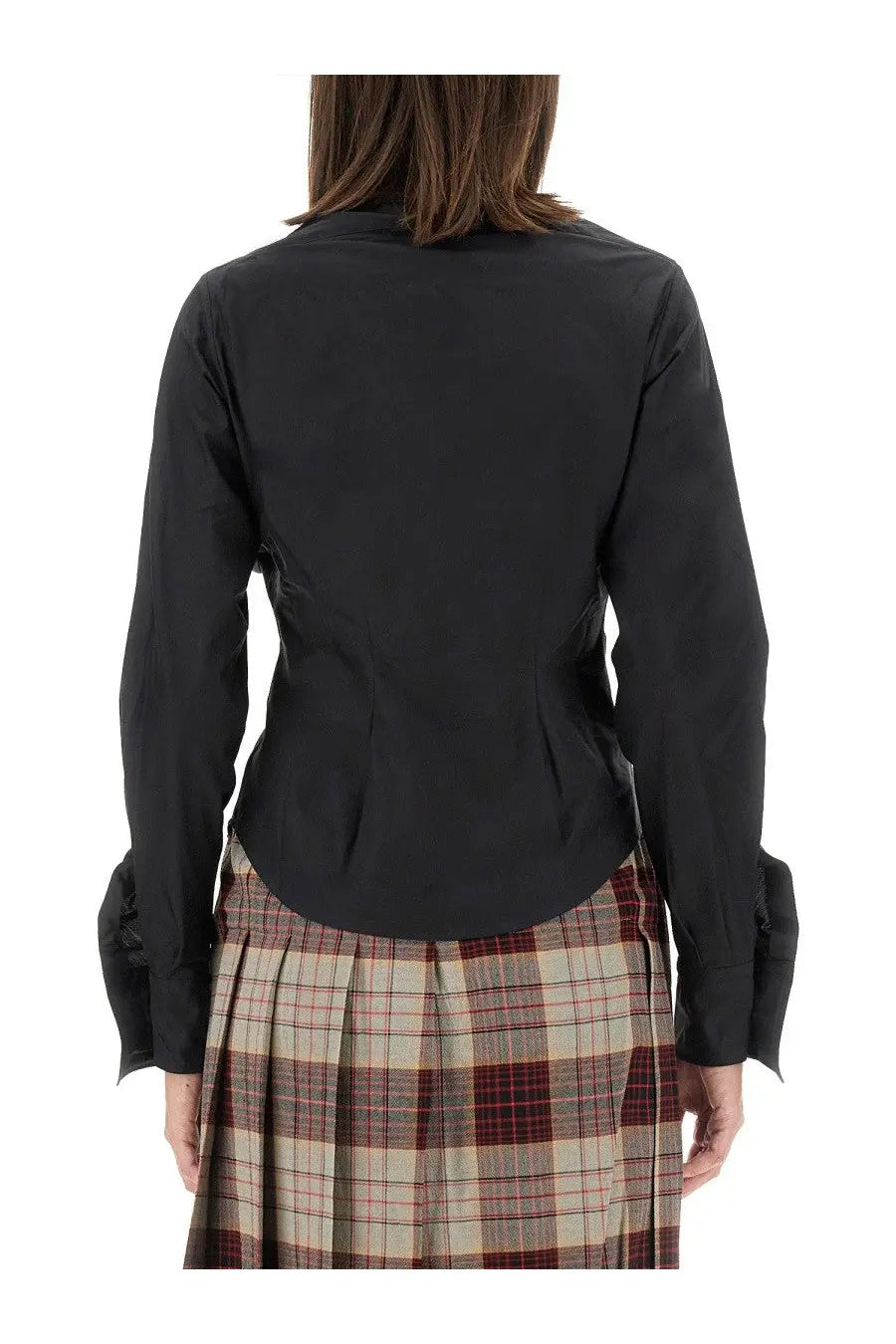 Vivienne westwood women’s black long-sleeved blouse with ruffled cuffs and tailored fit in camicia drunken style