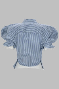 Vivienne Westwood women’s camicia Gexy blue blouse with blue and white vertical stripes and puffed sleeves