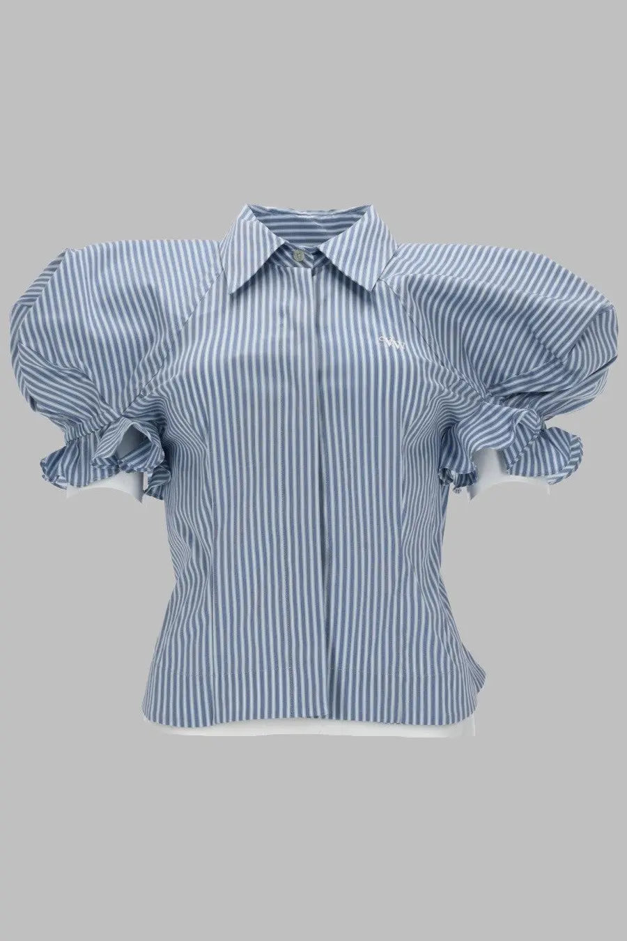 Vivienne Westwood women’s camicia gexy blue blouse with blue and white vertical stripes and ruffled puffy short sleeves