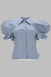 Vivienne Westwood women’s camicia gexy blue blouse with blue and white vertical stripes and ruffled puffy short sleeves