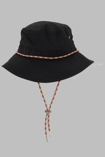 Vivienne westwood women’s cappello adventure black bucket hat with braided orange and gray cord tied under the brim