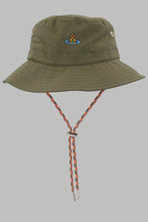 Olive green vivienne westwood women’s bucket hat with embroidered logo and orange gray braided chin strap