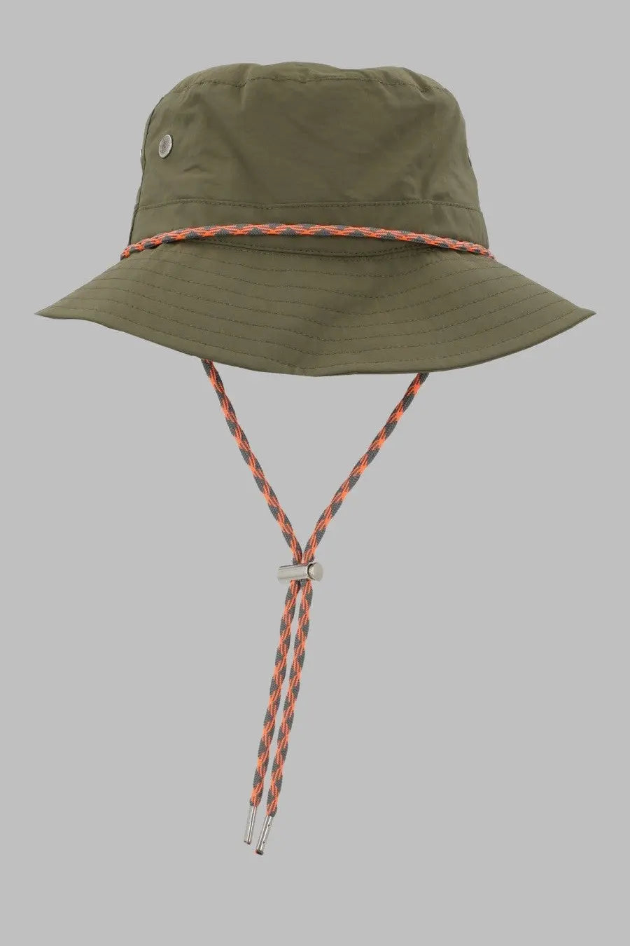 Vivienne Westwood women’s olive green bucket hat with braided orange and gray chin strap for outdoor adventure