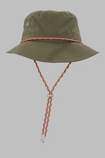 Vivienne Westwood women’s olive green bucket hat with braided orange and gray chin strap for outdoor adventure