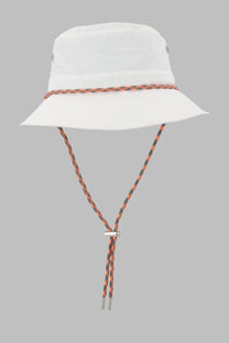 Vivienne Westwood women’s white bucket hat with braided orange and black cord tied at the front