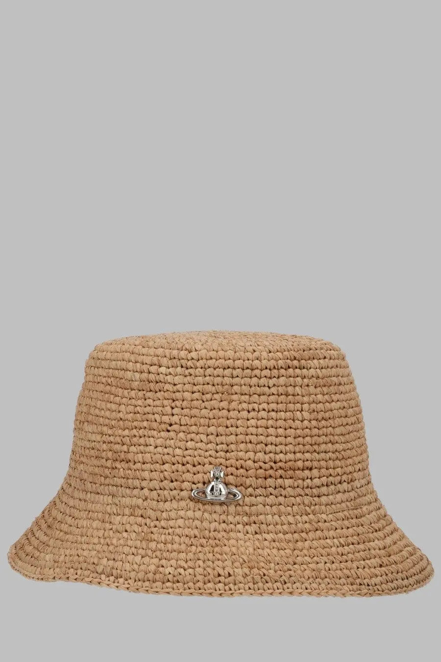 Beige woven straw bucket hat with silver metallic orb logo pin by Vivienne Westwood for women