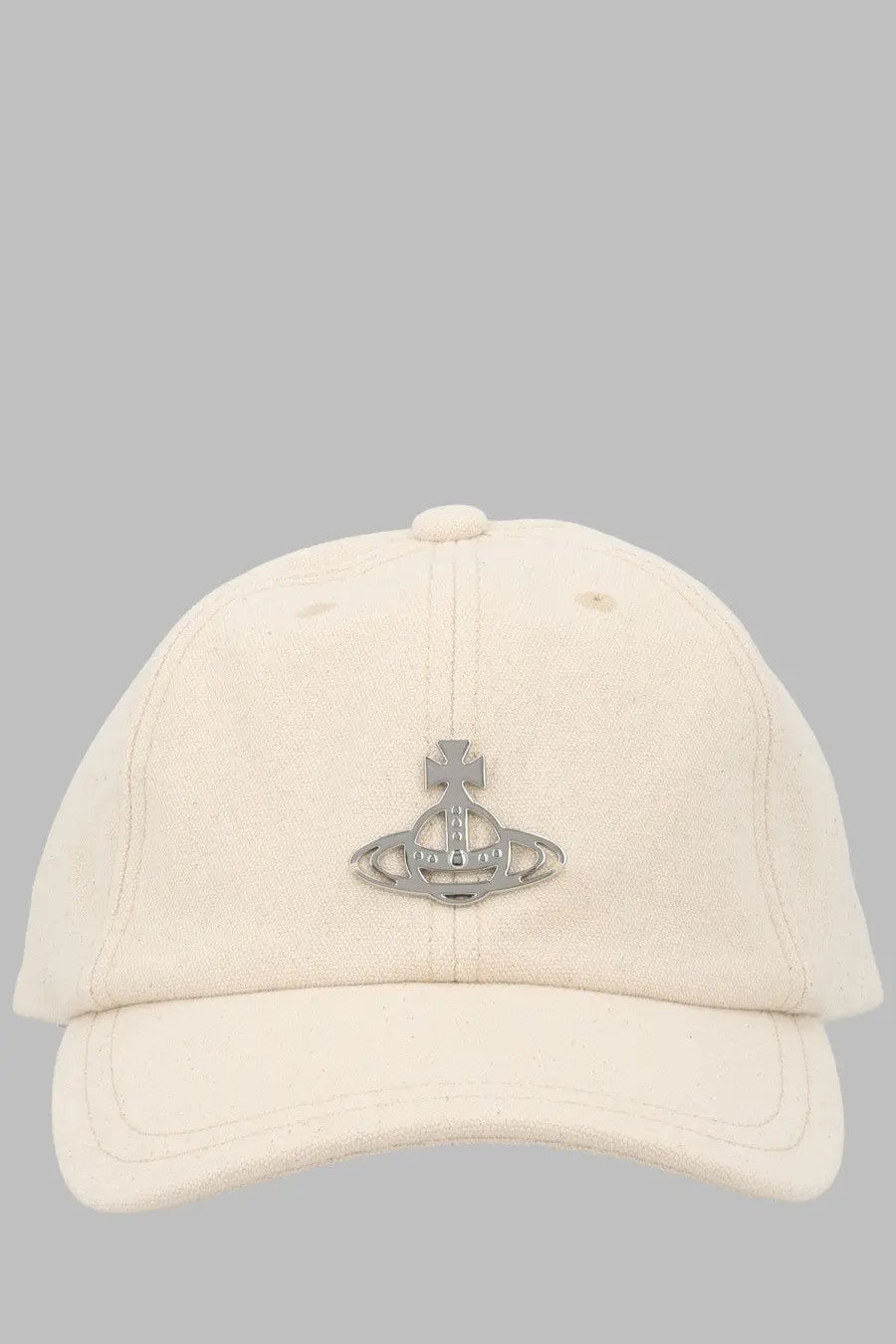 Cream-colored cotton baseball cap with metallic silver orb logo emblem by Vivienne Westwood women’s Cappello DA Edgewear Beige
