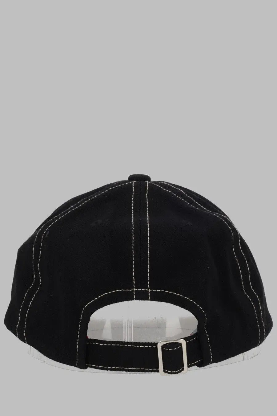 Vivienne Westwood women’s black baseball cap with white stitching and black adjustable strap with silver buckle back view