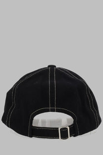 Vivienne Westwood women’s black baseball cap with white stitching and black adjustable strap with silver buckle back view