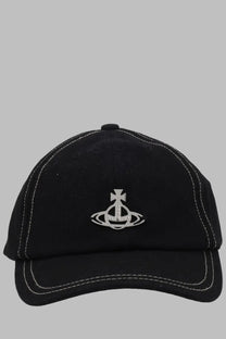 Vivienne Westwood women’s black baseball cap with silver embroidered logo and white stitching in edgewear style