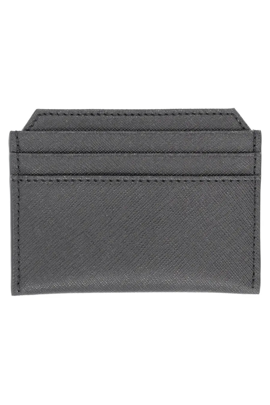 Dark gray Vivienne Westwood women’s card holder made of textured leather with precise stitching along edges