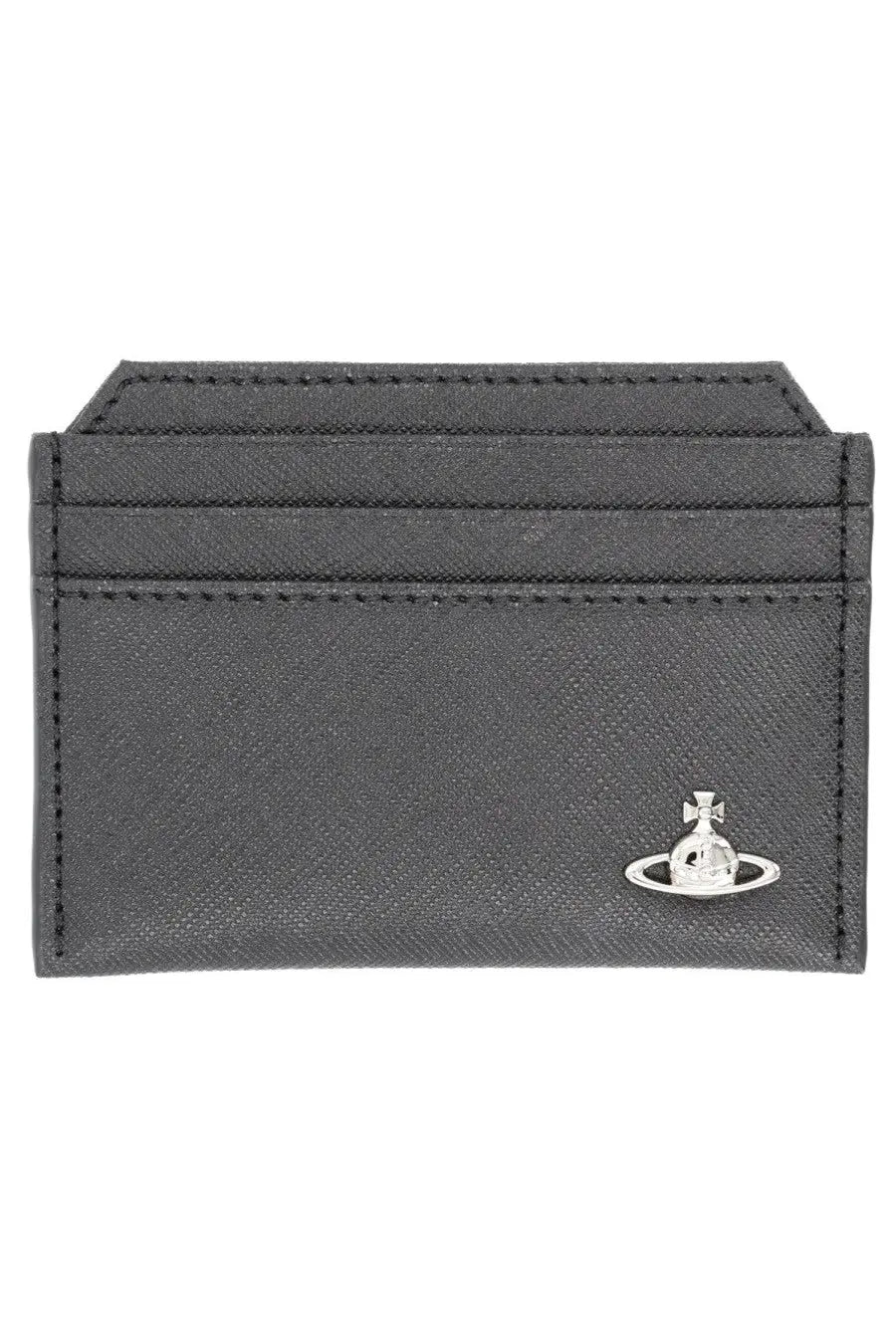 Vivienne westwood women’s black textured card holder with silver planet logo on front side