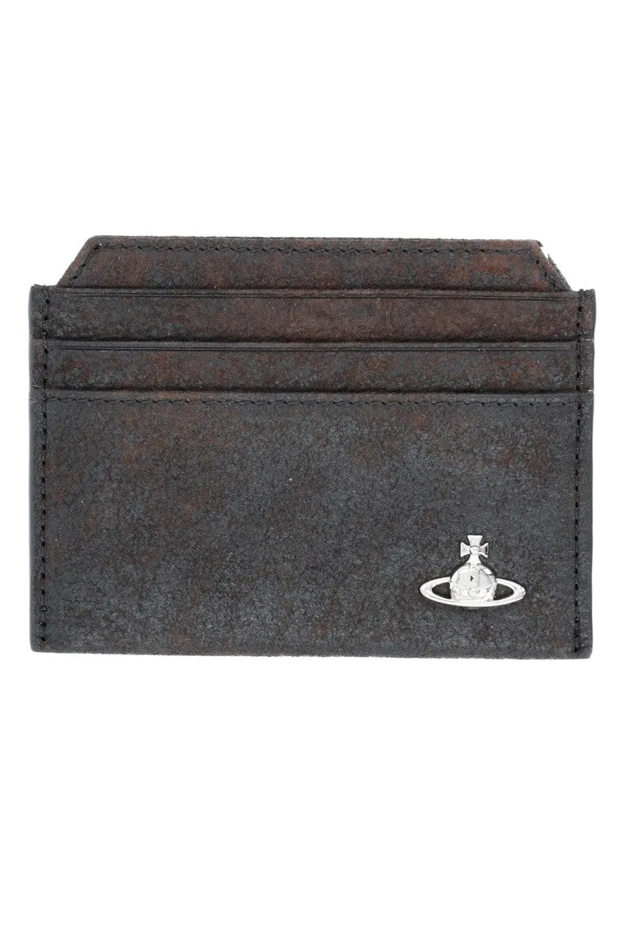 Dark brown suede card holder with silver orb logo emblem by Vivienne Westwood for women