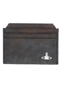 Dark brown suede card holder with silver orb logo emblem by Vivienne Westwood for women