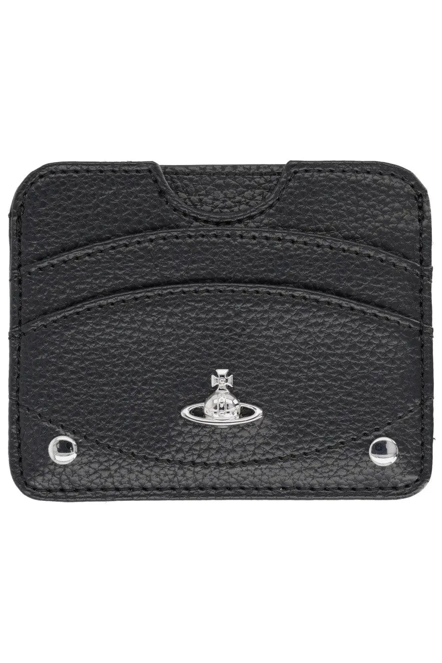 Vivienne westwood women’s black pebbled leather card holder with silver orb logo at center