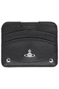Vivienne westwood women’s black pebbled leather card holder with silver orb logo at center