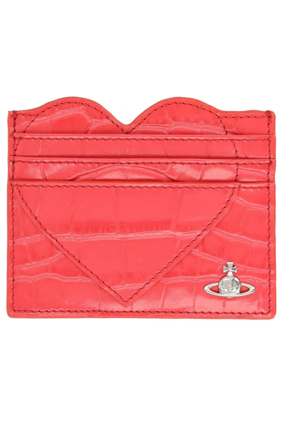 Vivienne Westwood women’s coral red heart-shaped card holder in crocodile-embossed leather with silver orb logo