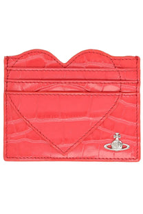 Vivienne Westwood women’s coral red heart-shaped card holder in crocodile-embossed leather with silver orb logo