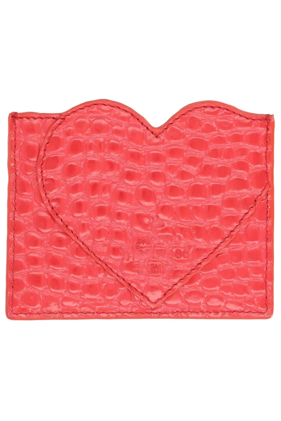 Vivienne Westwood women’s heart-shaped card holder in vibrant coral pink crocodile-embossed leather with stitching
