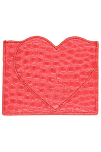 Vivienne Westwood women’s heart-shaped card holder in vibrant coral pink crocodile-embossed leather with stitching