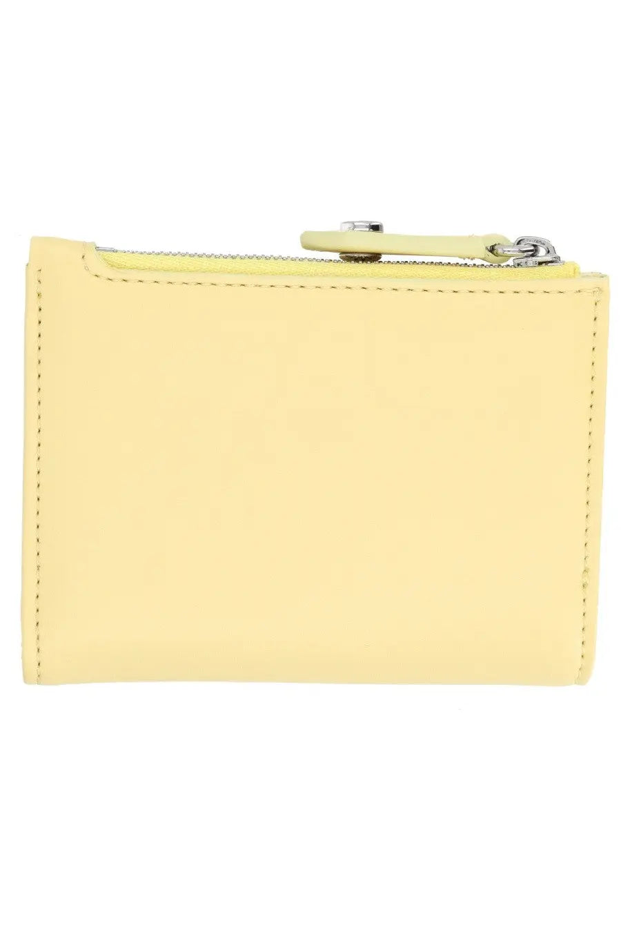 Vivienne Westwood women’s card holder yellow minimalist zippered wallet with clean stitching and matching pull tab