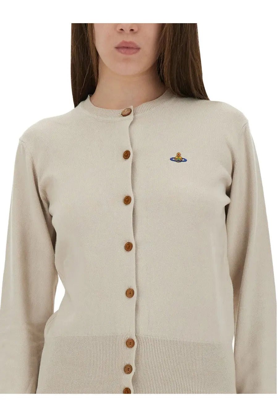 Vivienne westwood women’s beige knitted cardigan with wooden buttons and small logo embroidery on left chest