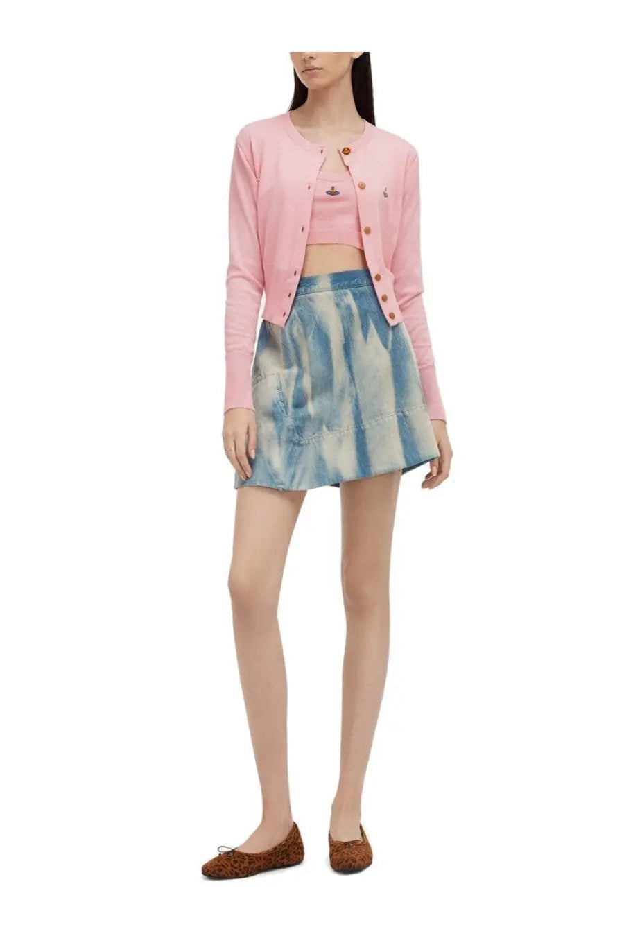 Vivienne Westwood women’s pink cardigan with gold buttons and small embroidered logo on the chest