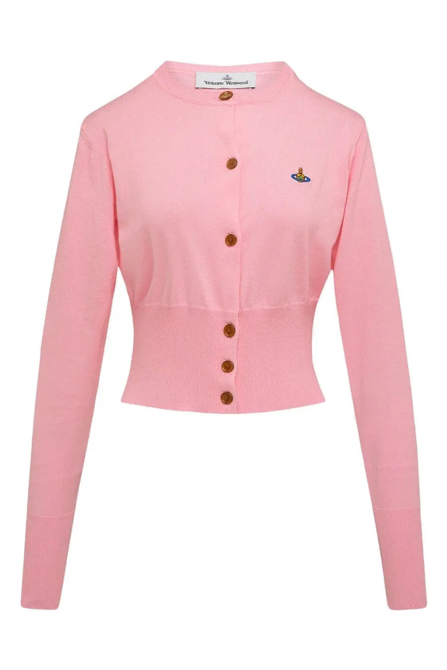 Vivienne westwood women’s soft pink knitted cardigan with round neckline five brown buttons and embroidered logo