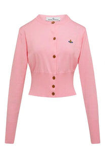 Vivienne westwood women’s soft pink knitted cardigan with round neckline five brown buttons and embroidered logo