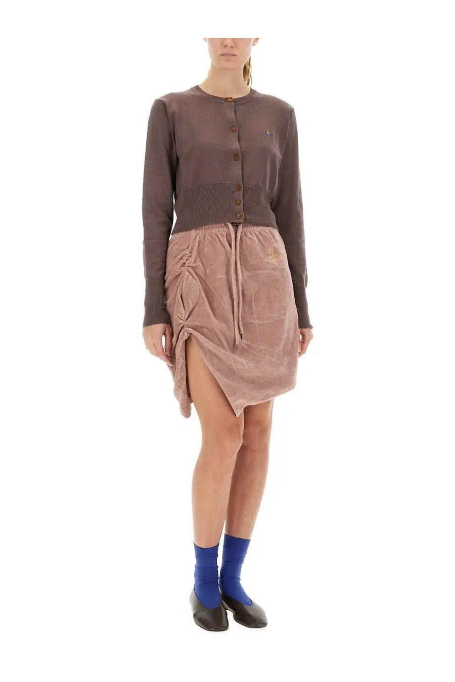 Vivienne westwood women’s cardigan bea brown in dusty rose velvet mini skirt with drawstring waist and asymmetrical slit