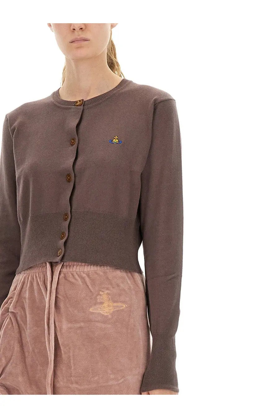 Vivienne Westwood women’s brown knit cardigan with gold-tone buttons and small embroidered logo on the chest