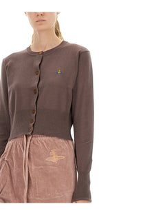 Vivienne Westwood women’s brown knit cardigan with gold-tone buttons and small embroidered logo on the chest
