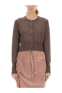 Vivienne westwood women’s brown knitted cardigan with wooden buttons and small embroidered logo on left chest