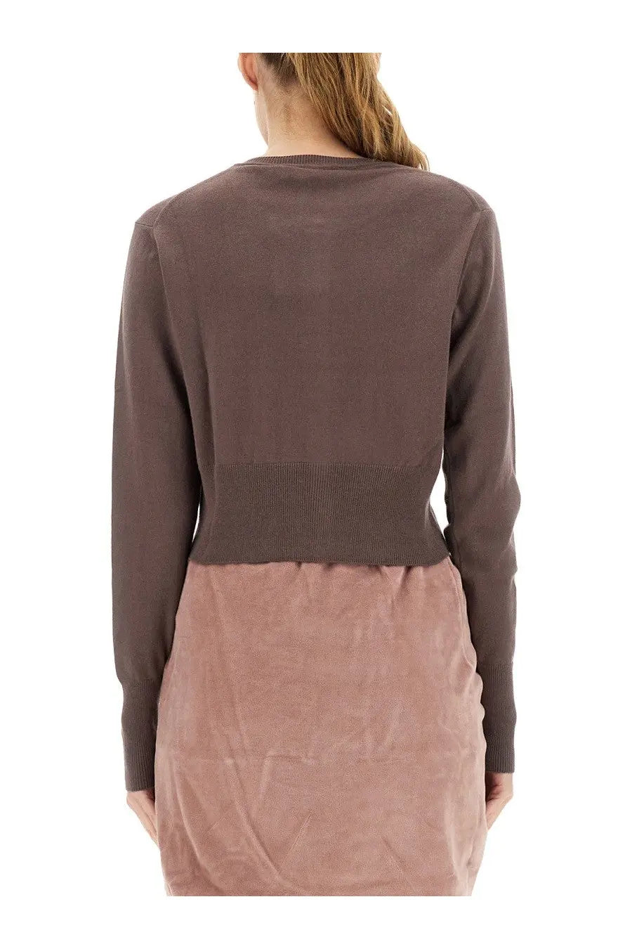 Vivienne Westwood women’s brown long-sleeved knit cardigan with ribbed waistband made from soft material