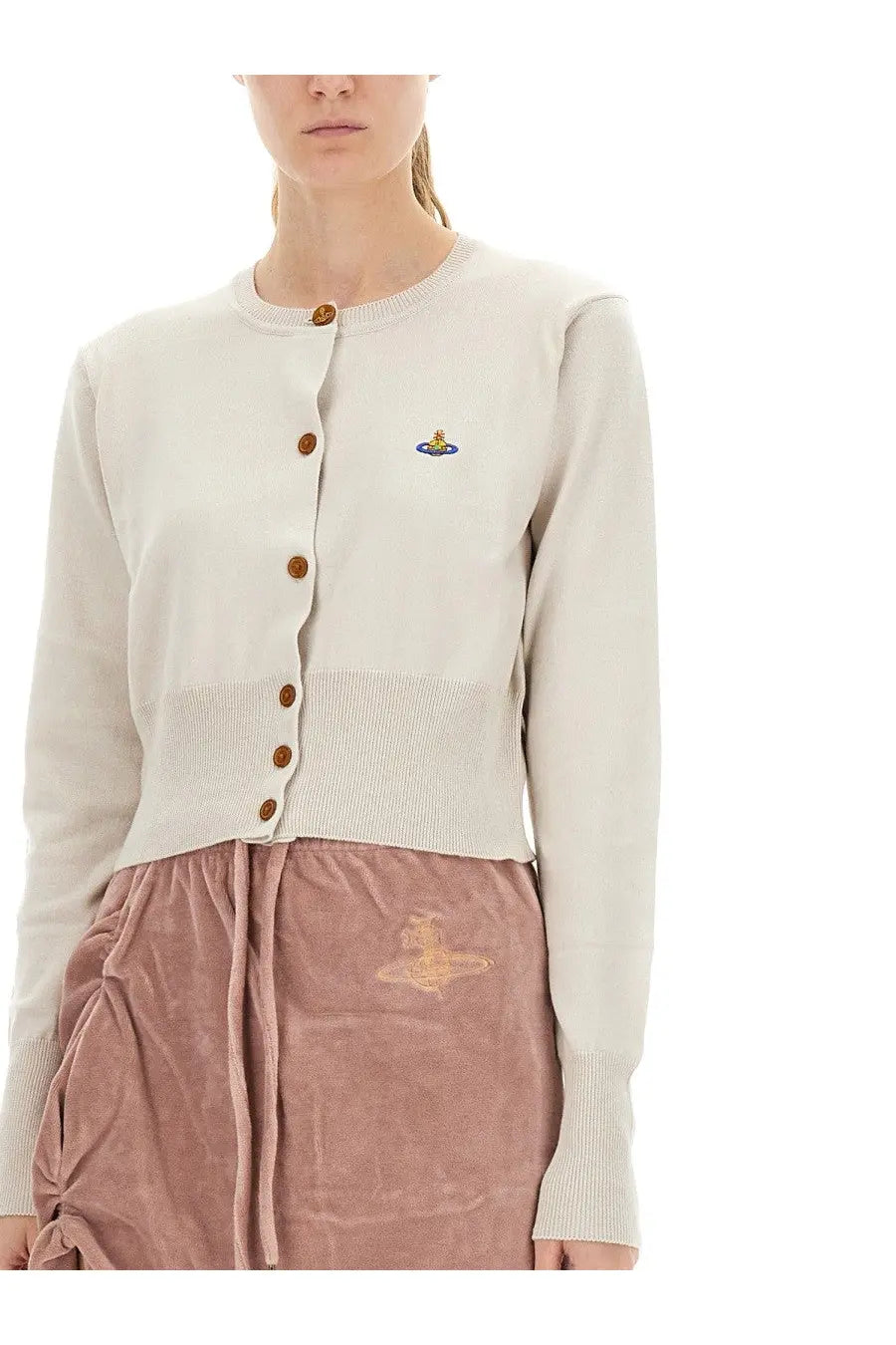 Vivienne Westwood women’s cream-colored knitted cardigan with brown buttons and small chest embroidered logo
