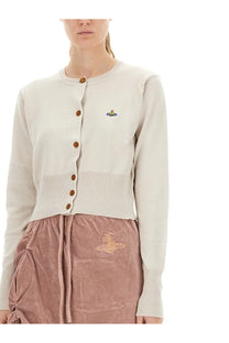Vivienne Westwood women’s cream-colored knitted cardigan with brown buttons and small chest embroidered logo
