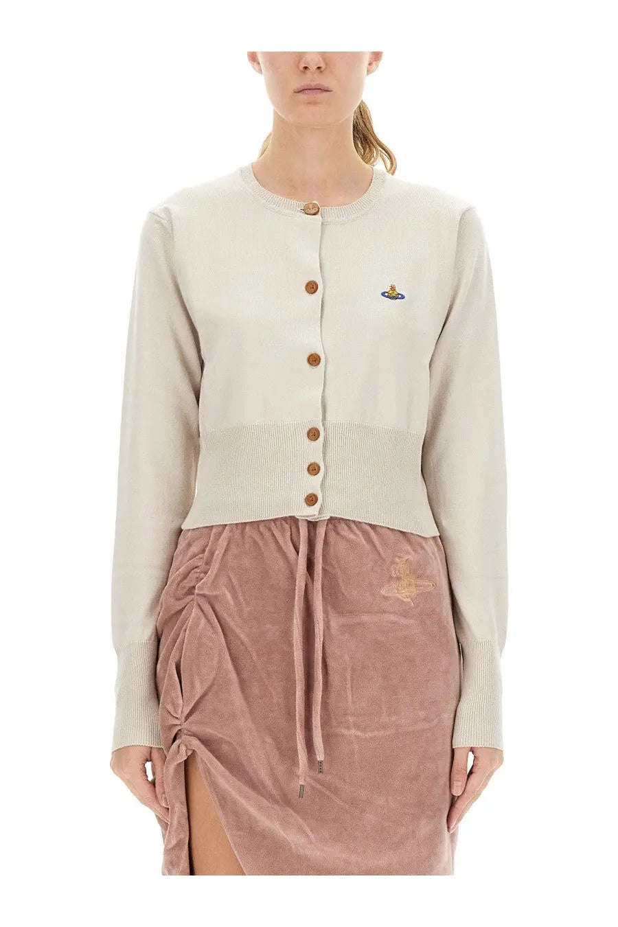 Vivienne Westwood women’s cream-colored knitted cardigan with wooden buttons and small embroidered logo on chest