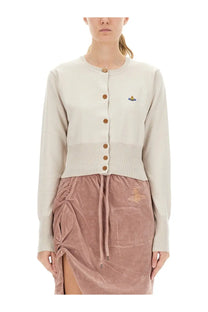 Vivienne Westwood women’s cream-colored knitted cardigan with wooden buttons and small embroidered logo on chest