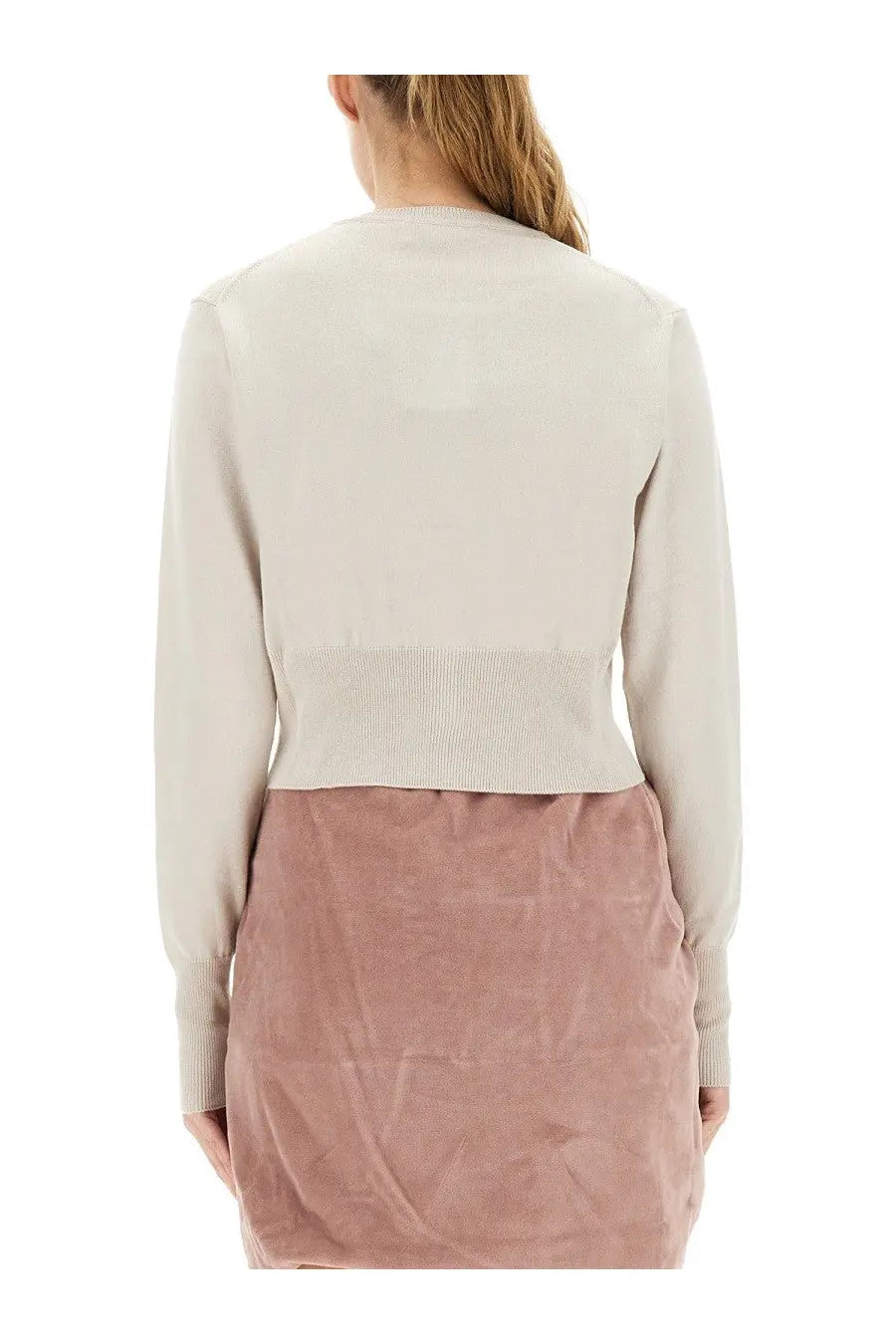 Vivienne Westwood women’s soft beige cropped knit cardigan with ribbed waistband in Bea white material