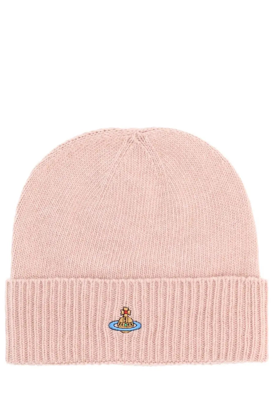 Vivienne westwood women’s cashmere beanie in soft pink ribbed knit with embroidered ship logo on folded cuff