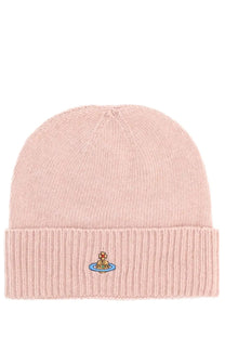 Vivienne westwood women’s cashmere beanie in soft pink ribbed knit with embroidered ship logo on folded cuff