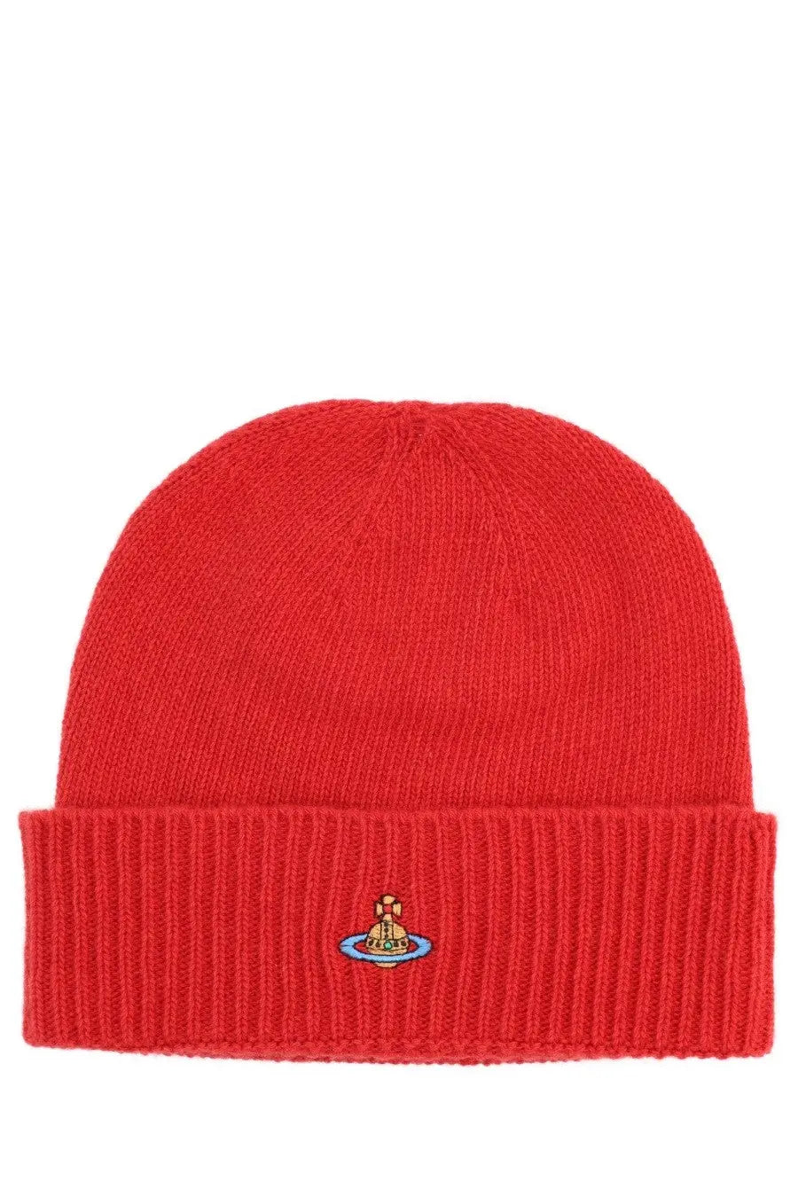 Vivienne westwood women’s cashmere beanie in red with ribbed cuff and embroidered logo
