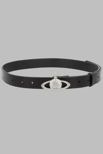 Black leather vivienne westwood women’s belt with silver diamond encrusted venus logo buckle